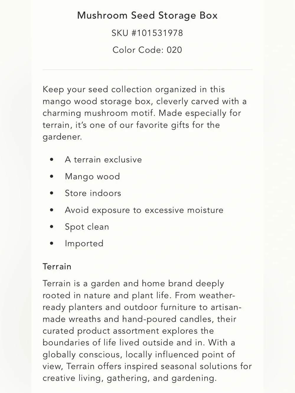 Anthropologie Terrain Mushroom Seed Storage Box NWT